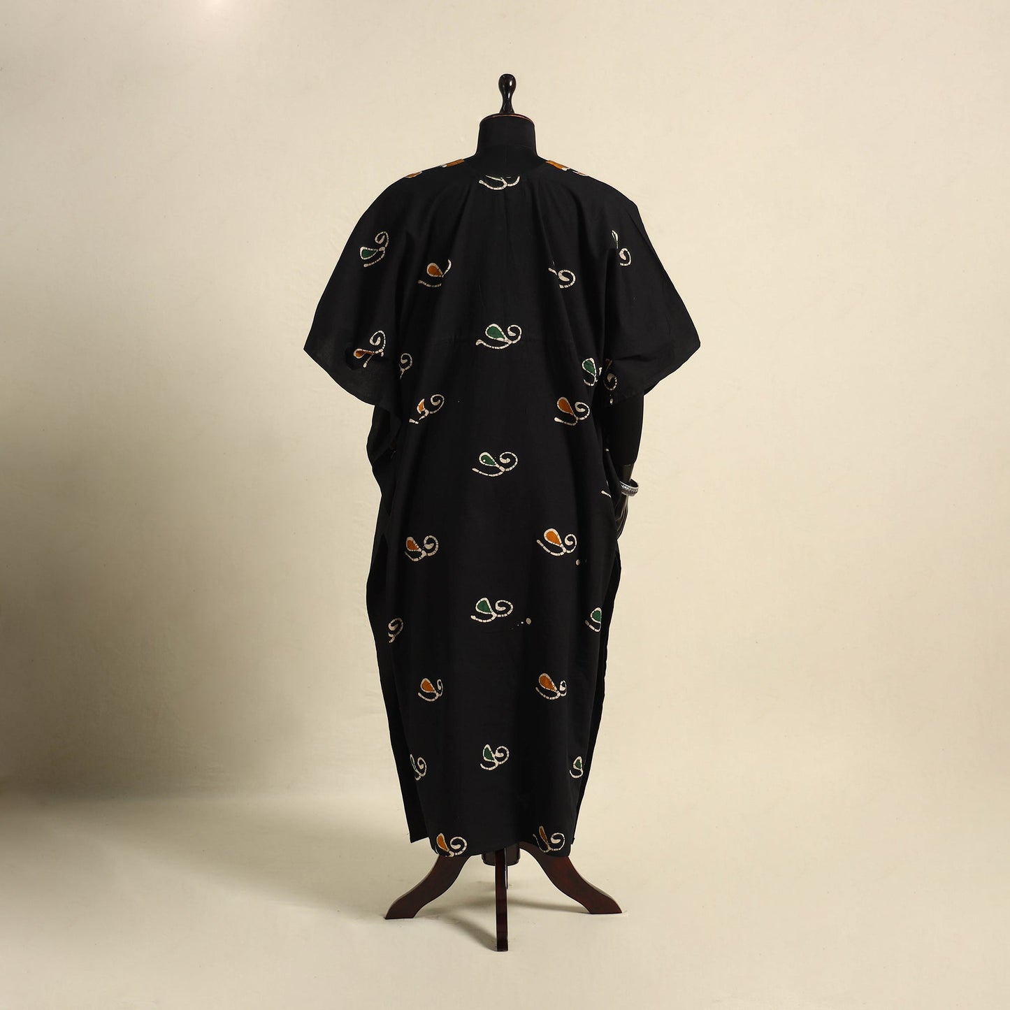 Black - cotton hand batik kaftan with tie-up waist (long)