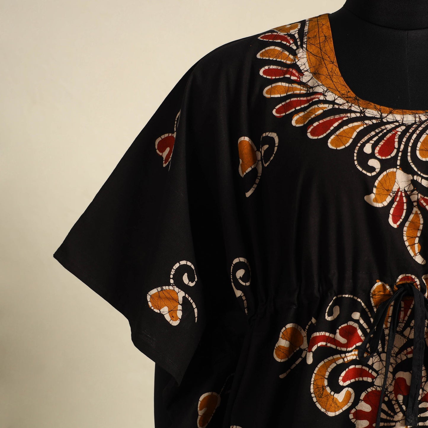 Black - cotton hand batik kaftan with tie-up waist (long)