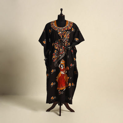 Black - cotton hand batik kaftan with tie-up waist (long)