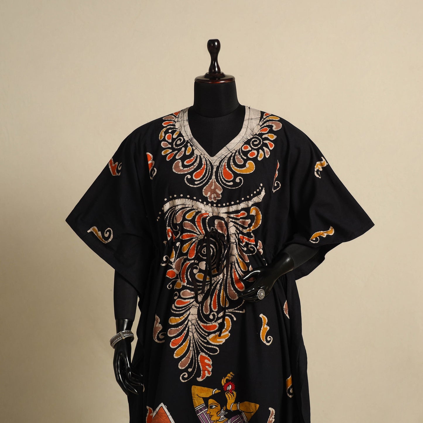 Black - cotton hand batik kaftan with tie-up waist (long)