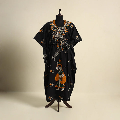 Black - cotton hand batik kaftan with tie-up waist (long)
