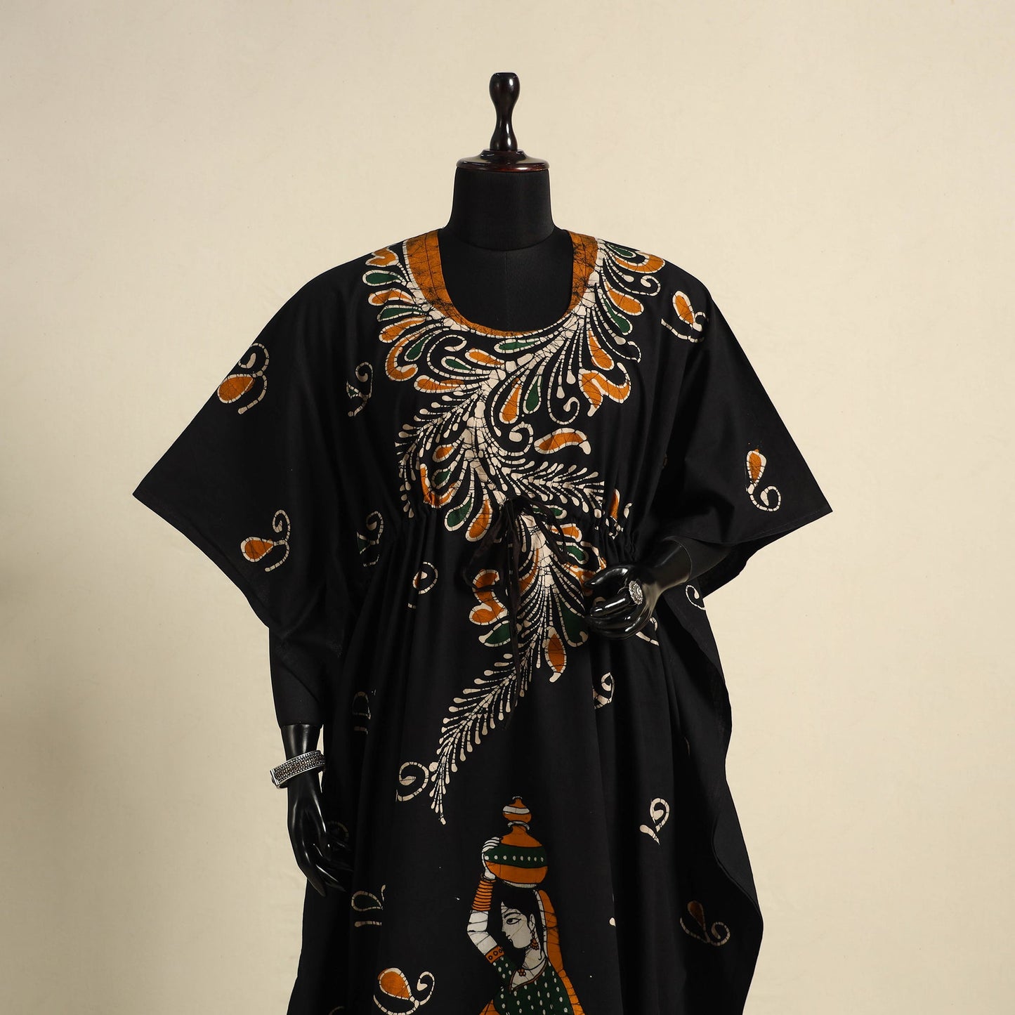 Black - cotton hand batik kaftan with tie-up waist (long)