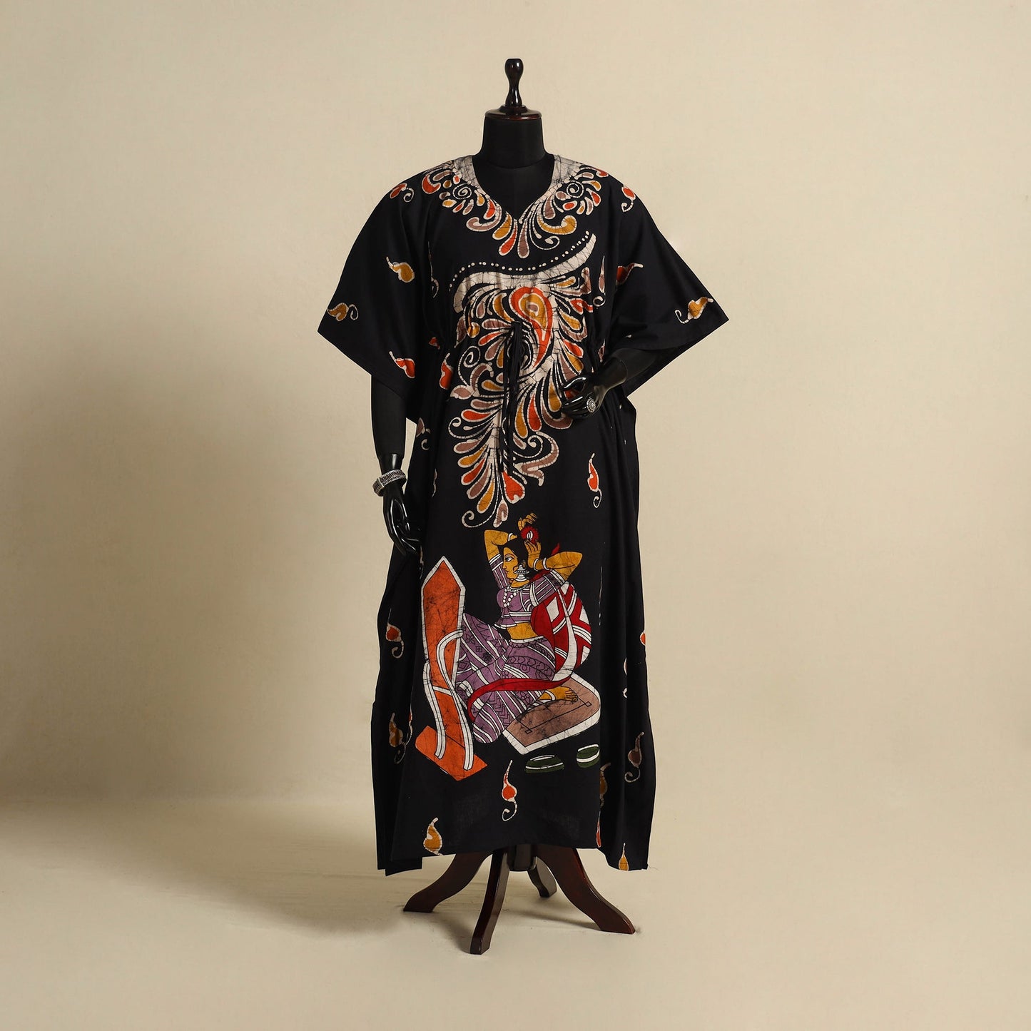 Black - cotton hand batik kaftan with tie-up waist (long)