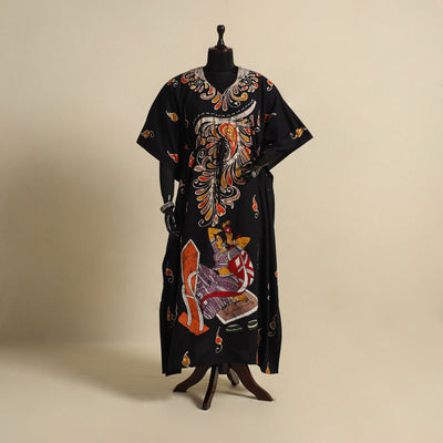 Black - cotton hand batik kaftan with tie-up waist (long)