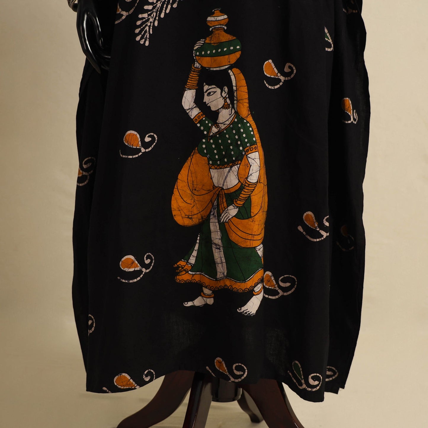 Black - cotton hand batik kaftan with tie-up waist (long)