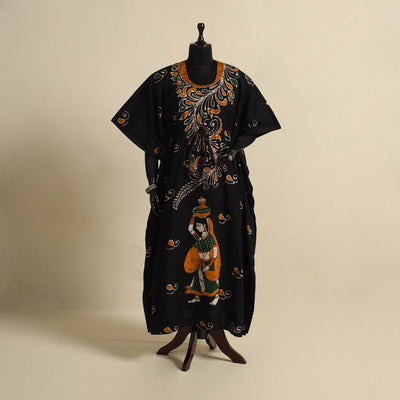 Black - cotton hand batik kaftan with tie-up waist (long)