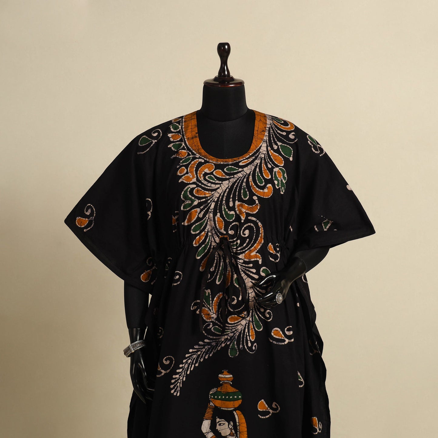 Black - cotton hand batik kaftan with tie-up waist (long)