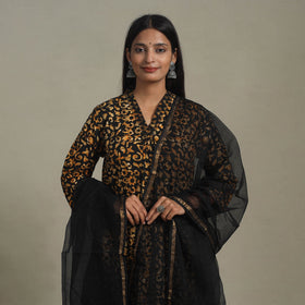 Black Cotton Hand Batik Print Kurta Set (Set of 3)