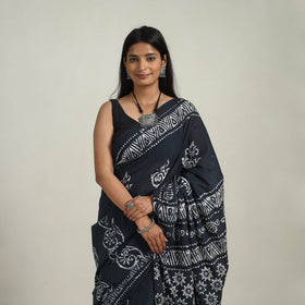 Black - Cotton Hand Batik Print Saree 10