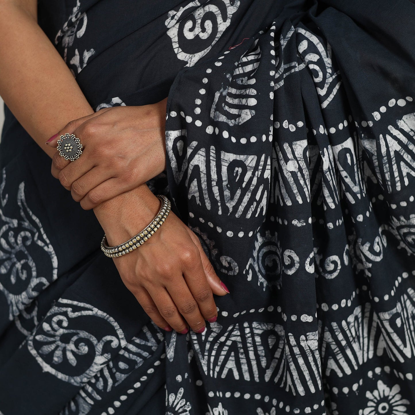 Black - Cotton Hand Batik Print Saree 10