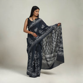 Black - Cotton Hand Batik Print Saree 10