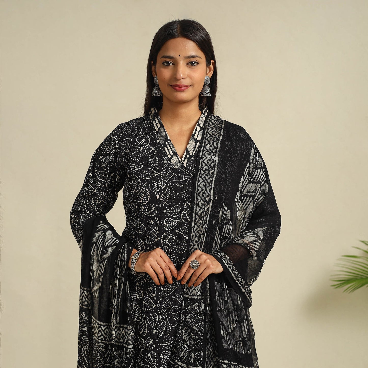  Black Cotton Hand Batik Print Suit Set