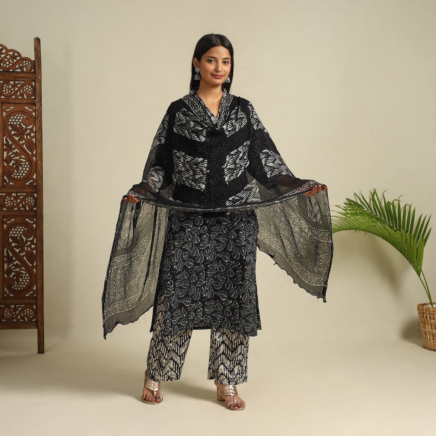  Black Cotton Hand Batik Print Suit Set