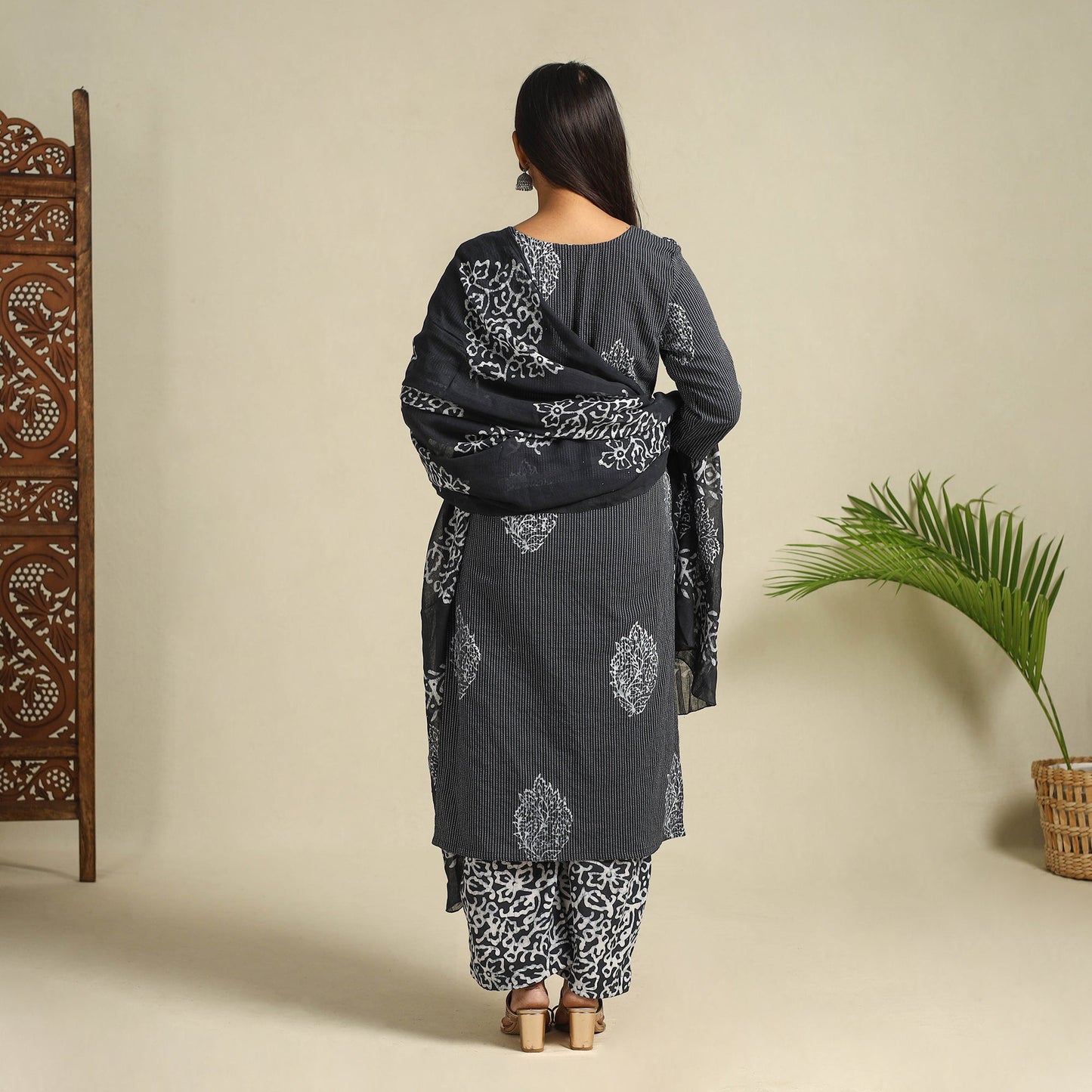 Buy Black Cotton Hand Batik Print Suit Set