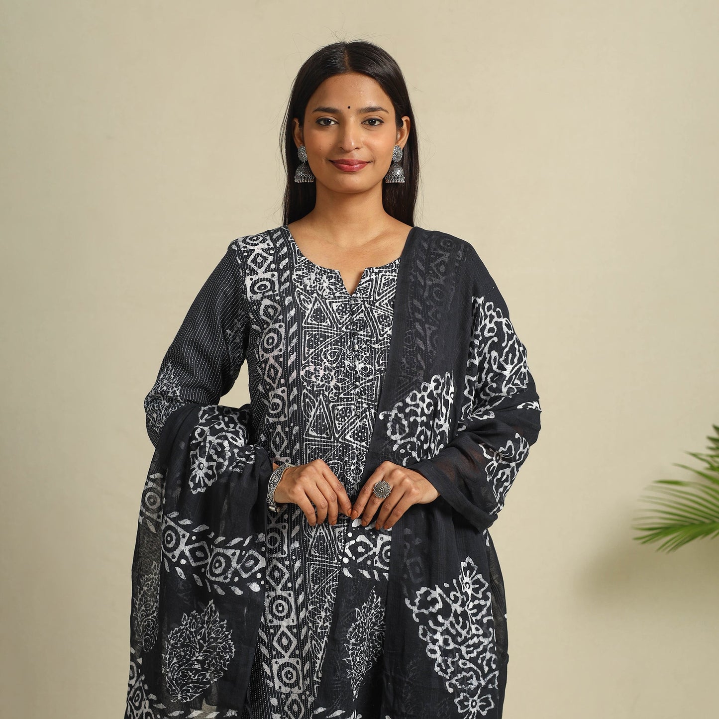 Buy Black Cotton Hand Batik Print Suit Set