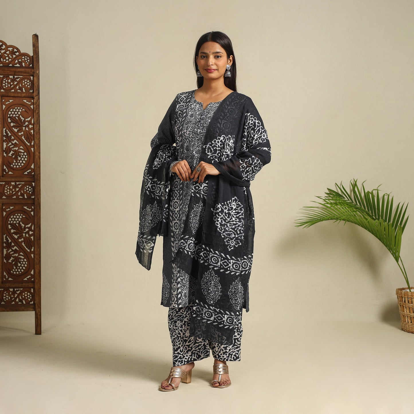 Buy Black Cotton Hand Batik Print Suit Set