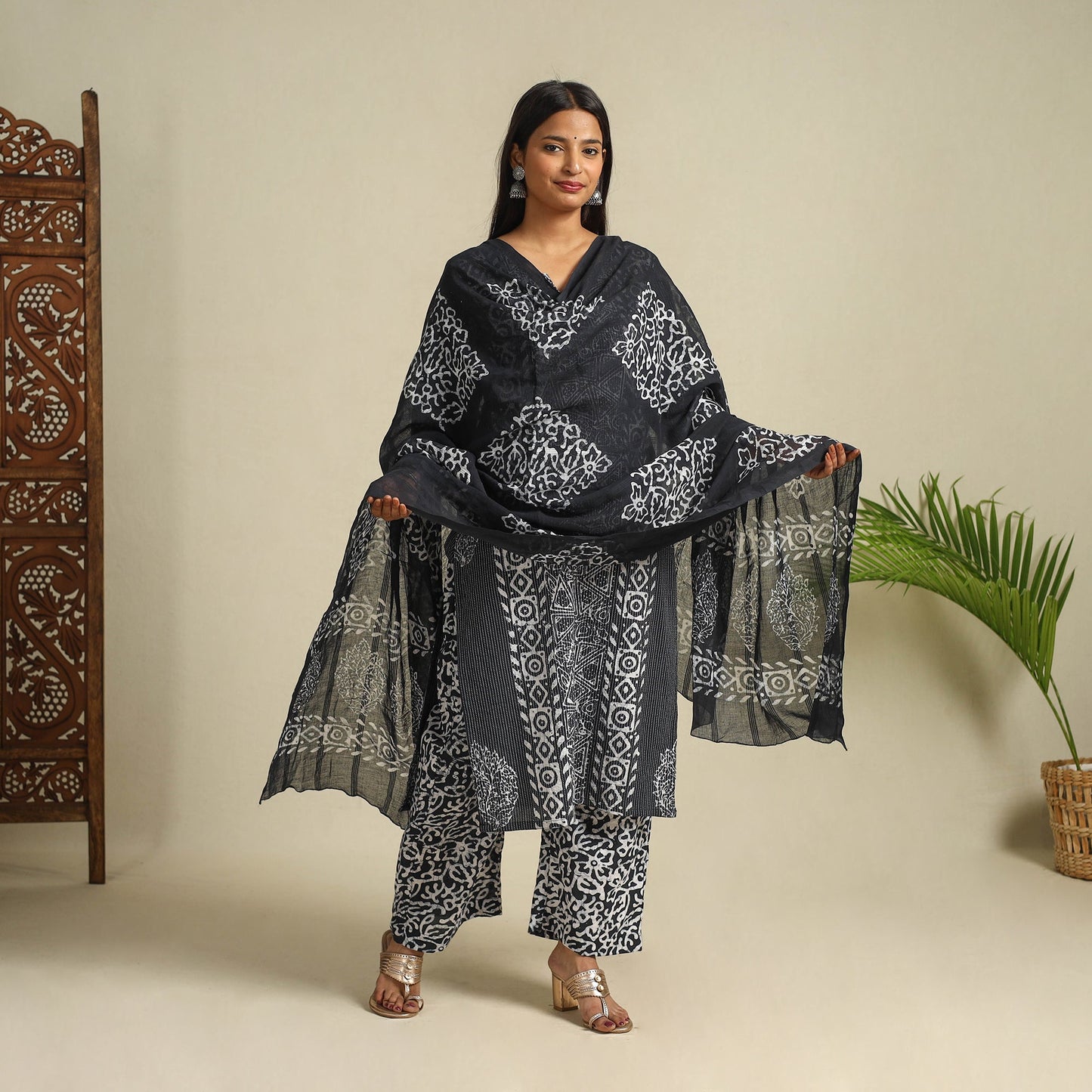 Buy Black Cotton Hand Batik Print Suit Set