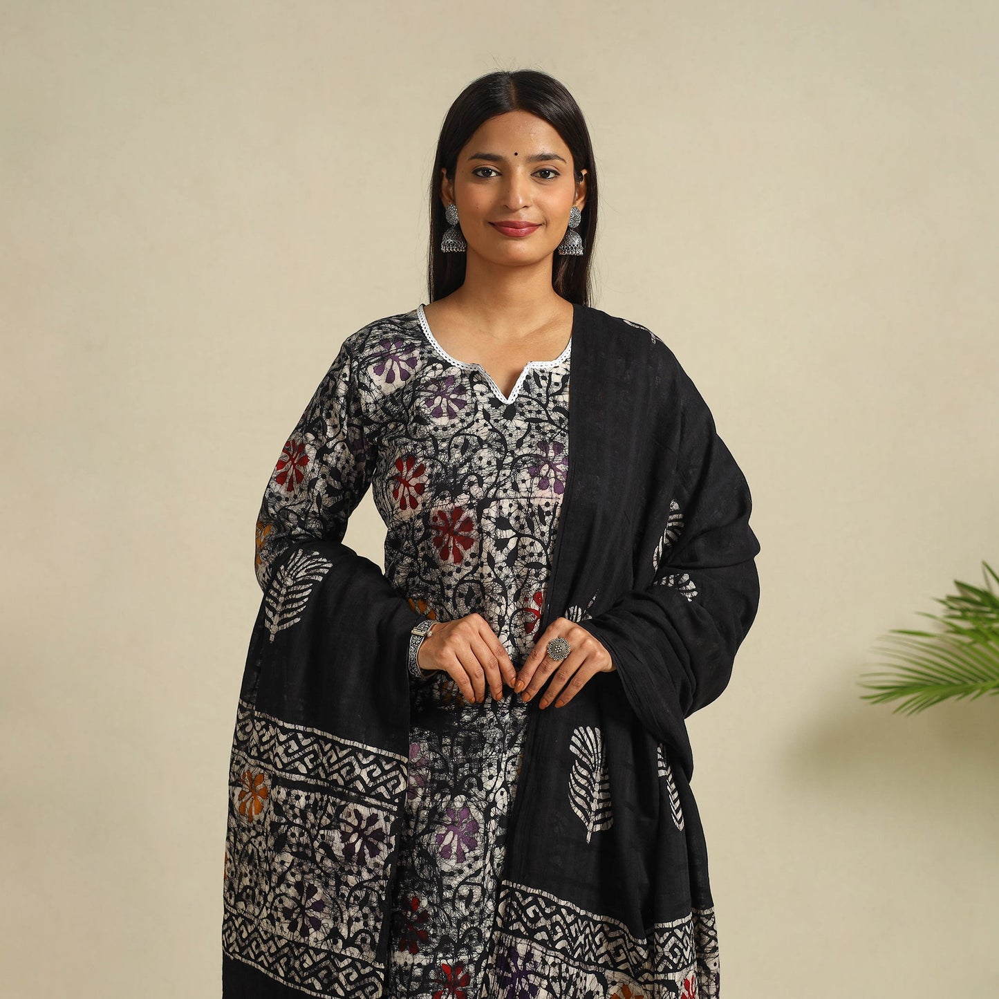  Black Cotton Hand Batik Print Suit Set