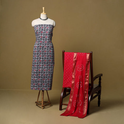 Pink - cotton hand kutch batik 3pc unstitched dress