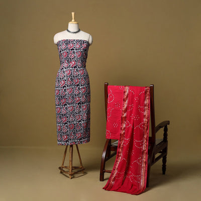 Pink - cotton hand kutch batik 3pc unstitched dress