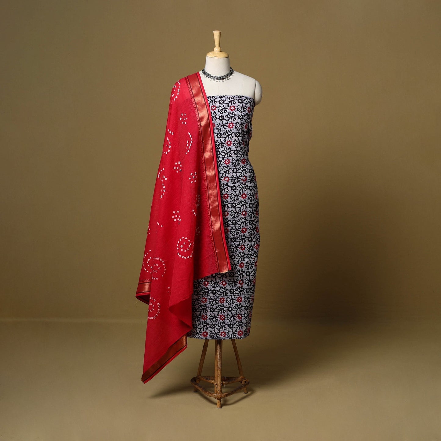 Pink - cotton hand kutch batik 3pc unstitched dress