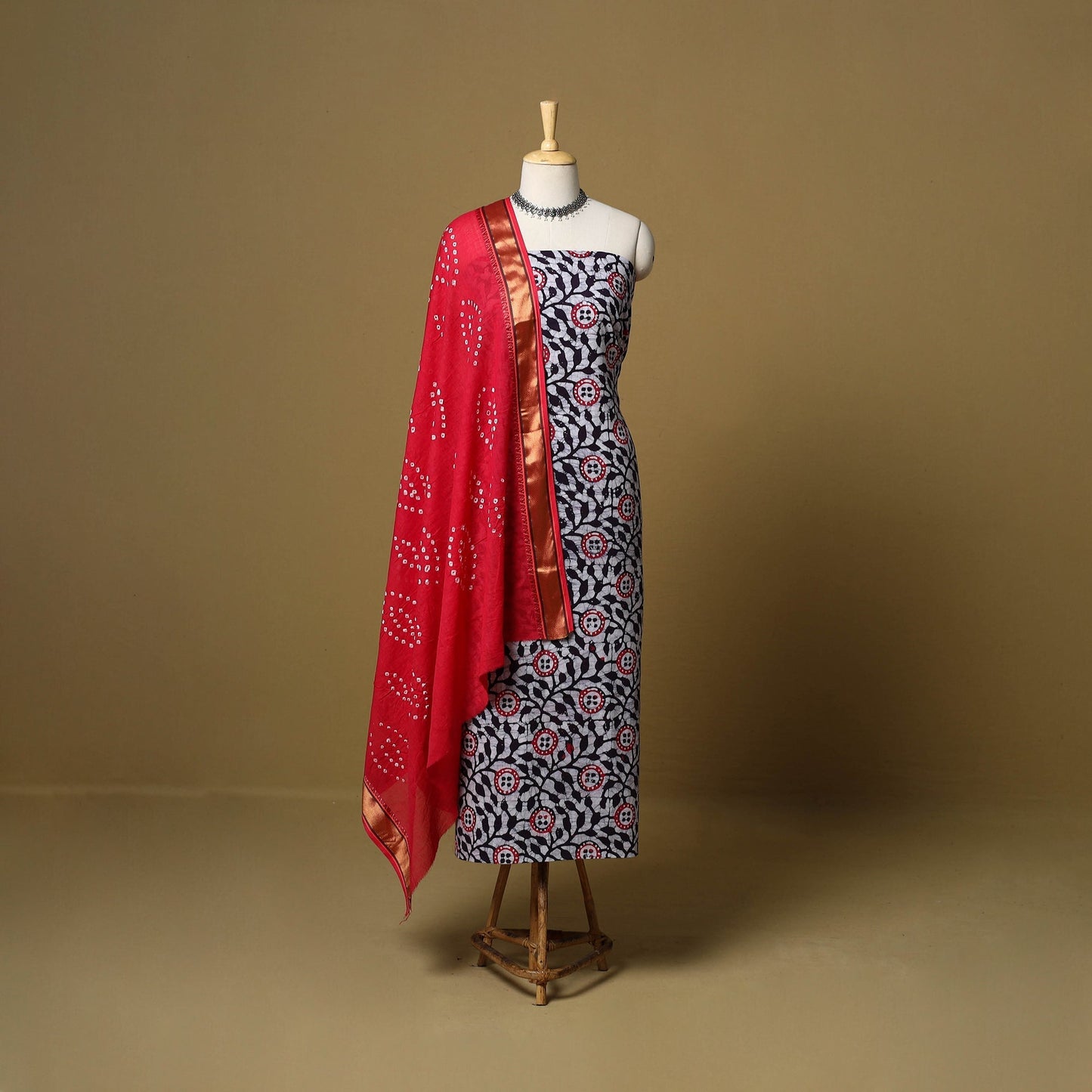 Pink - cotton hand kutch batik 3pc unstitched dress