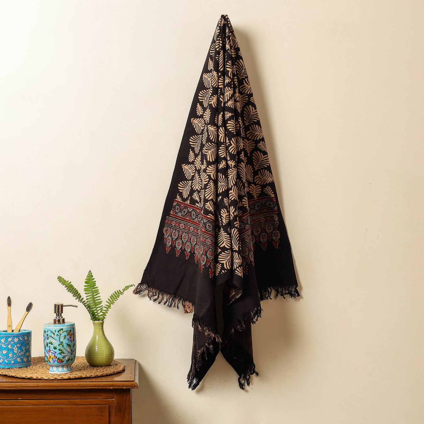 Black Block Print Cotton Ajrakh Handloom Towel