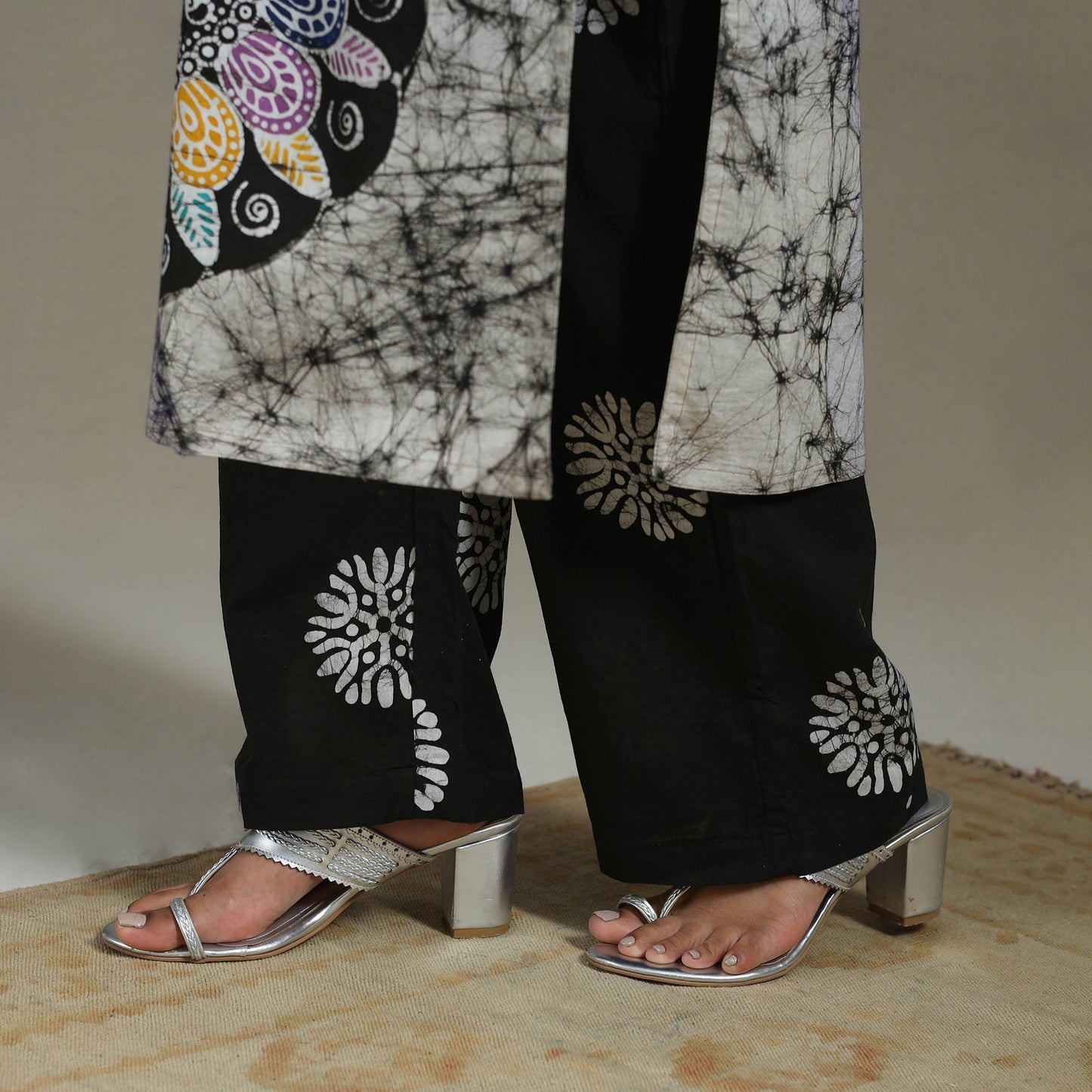 Black Cotton Indonesian Hand Batik Print Kurta Set (Set of 3)