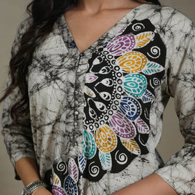 Black Cotton Indonesian Hand Batik Print Kurta Set (Set of 3)