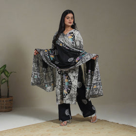 Black Cotton Indonesian Hand Batik Print Kurta Set (Set of 3)