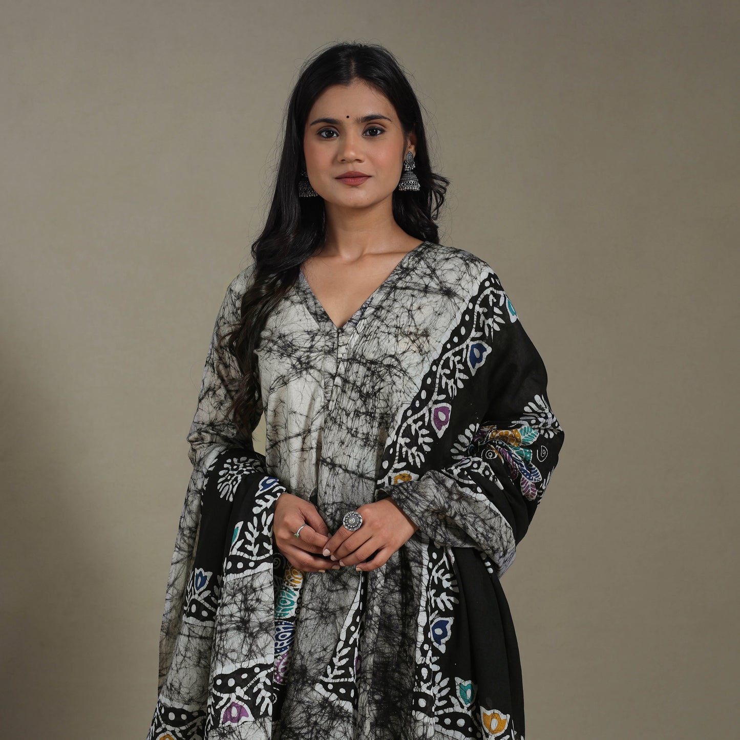 Black Cotton Indonesian Hand Batik Print Kurta Set (Set of 3)