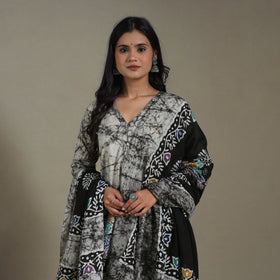 Black Cotton Indonesian Hand Batik Print Kurta Set (Set of 3)