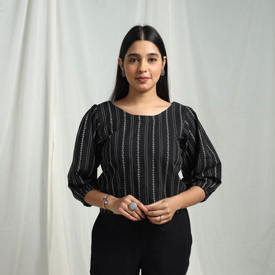 Buy Black Cotton Jacquard Crop Top