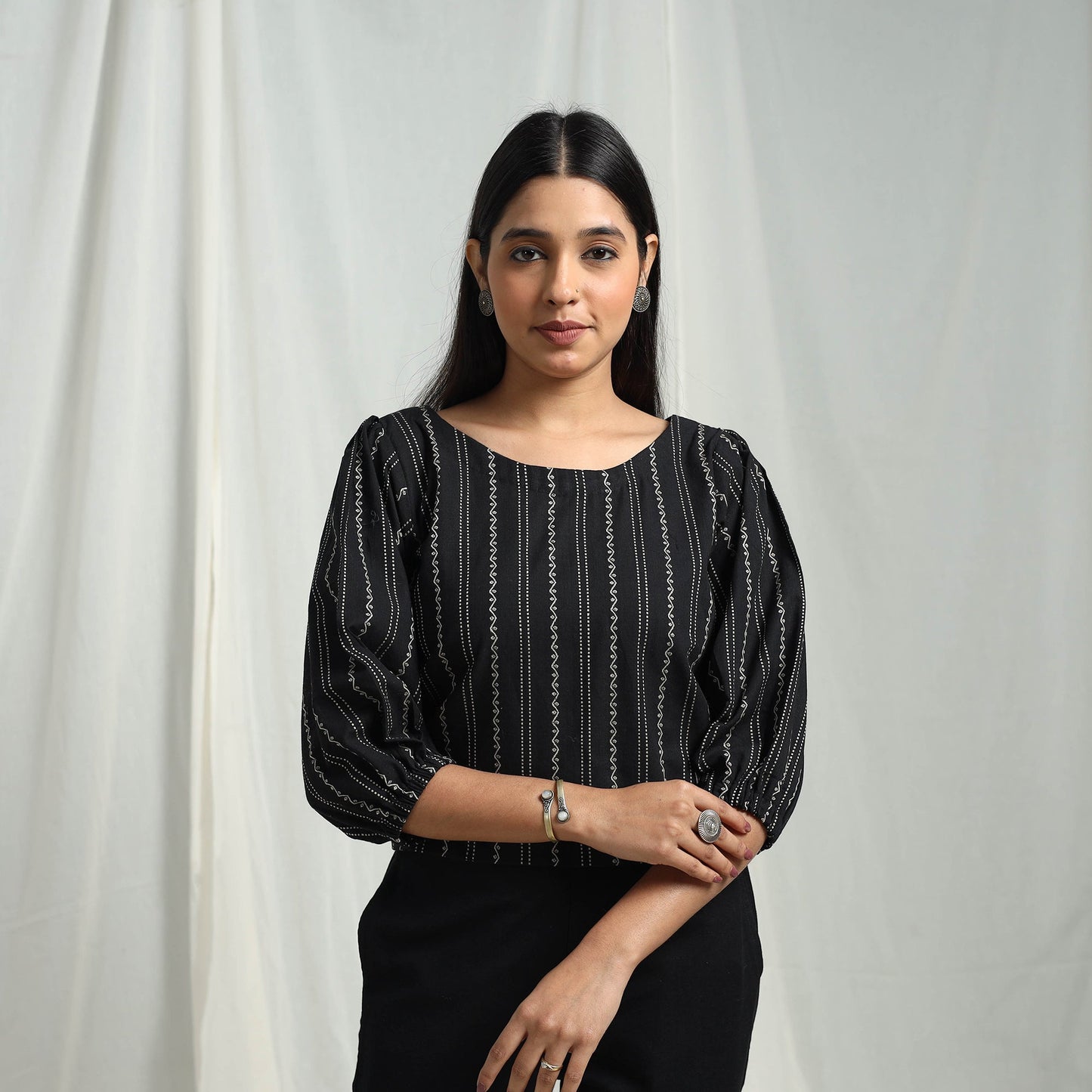 Buy Black Cotton Jacquard Crop Top