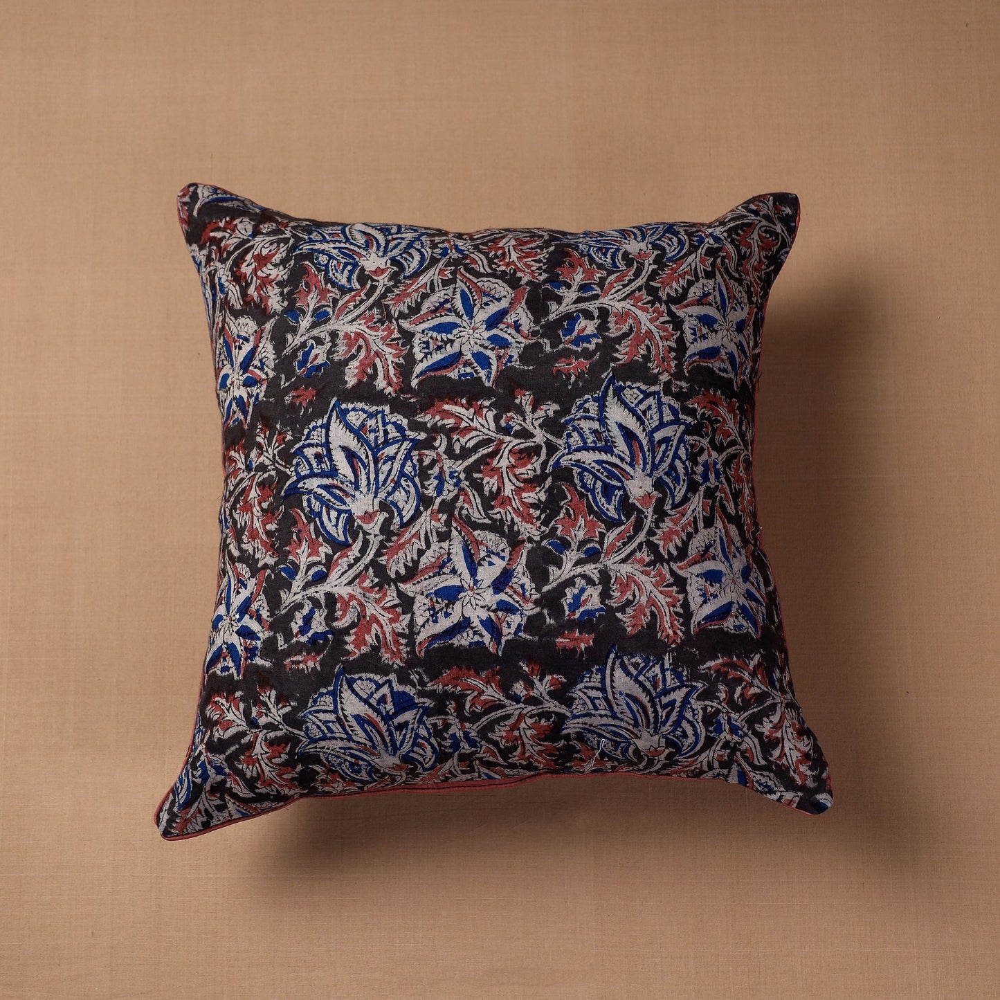 Black Block Print Cotton Kalamkari Cushion Cover
