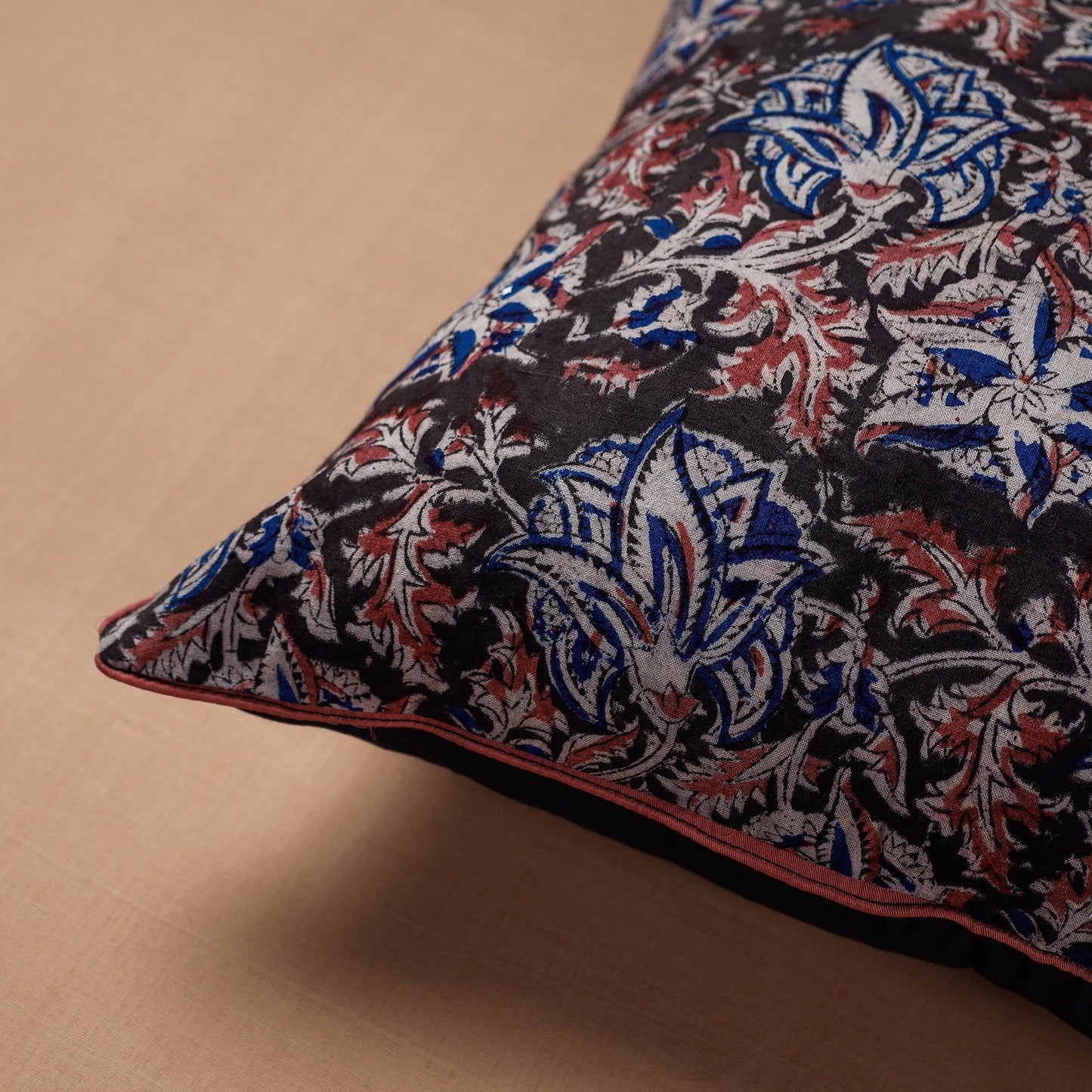 Black Block Print Cotton Kalamkari Cushion Cover