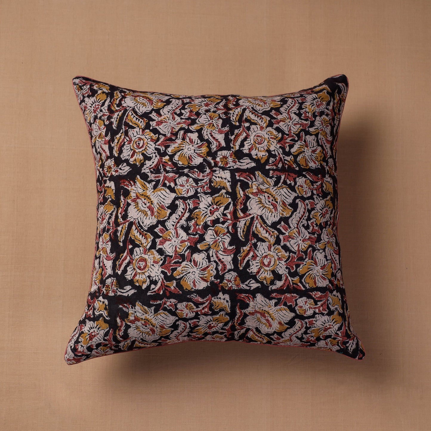 Black Block Print Cotton Kalamkari Cushion Cover