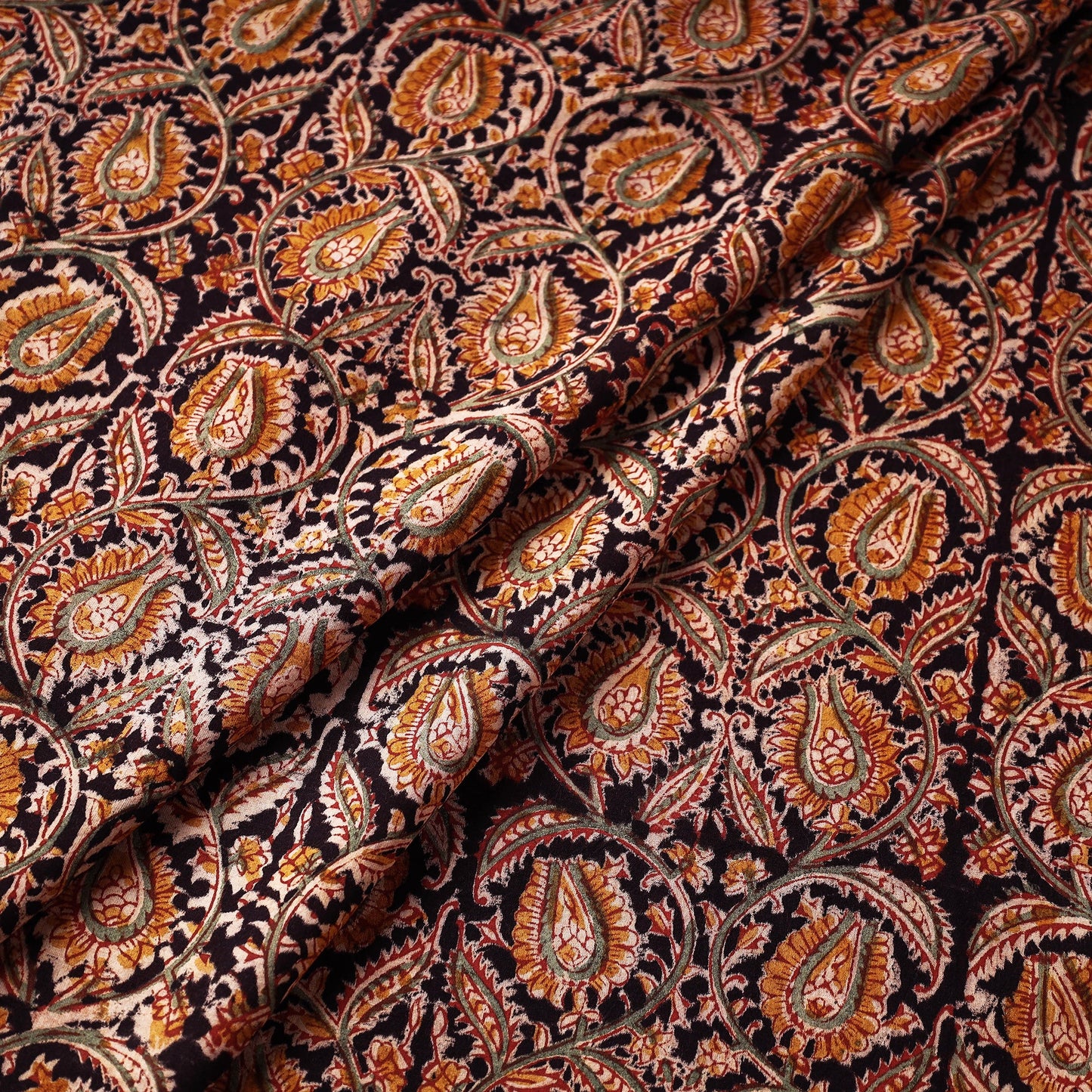 Black Block Print Cotton Kalamkari Fabric