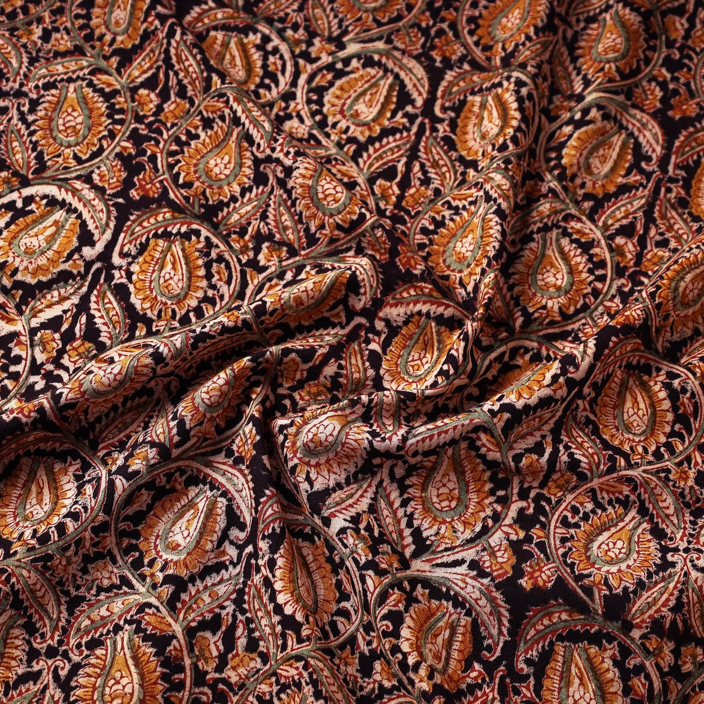 Black Block Print Cotton Kalamkari Fabric