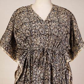 Black Block Print Cotton Kalamkari Kaftan with Tie-Up Waist