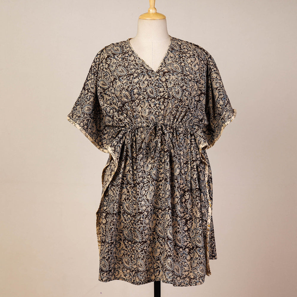 Black Block Print Cotton Kalamkari Kaftan with Tie-Up Waist