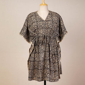 Black Block Print Cotton Kalamkari Kaftan with Tie-Up Waist