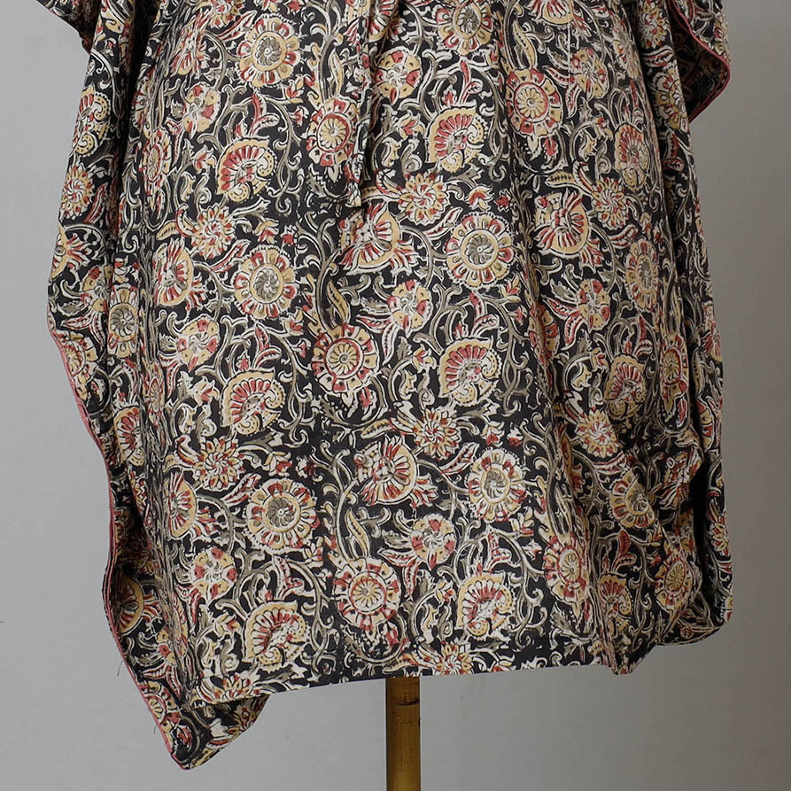 Black - Block Print Cotton Kalamkari Kaftan with Tie-Up Waist (Medium)