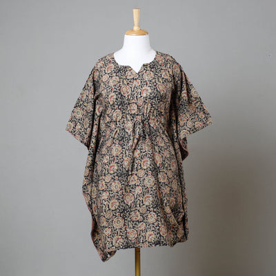 Black - Block Print Cotton Kalamkari Kaftan with Tie-Up Waist (Medium)