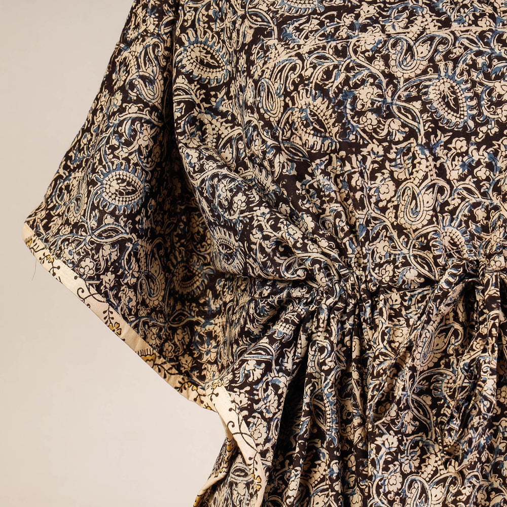Black Block Print Cotton Kalamkari Kaftan with Tie-Up Waist