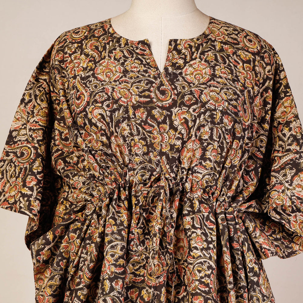 Black - Kalamkari Block Printed Cotton Kaftan with Tie-Up Waist (Short)