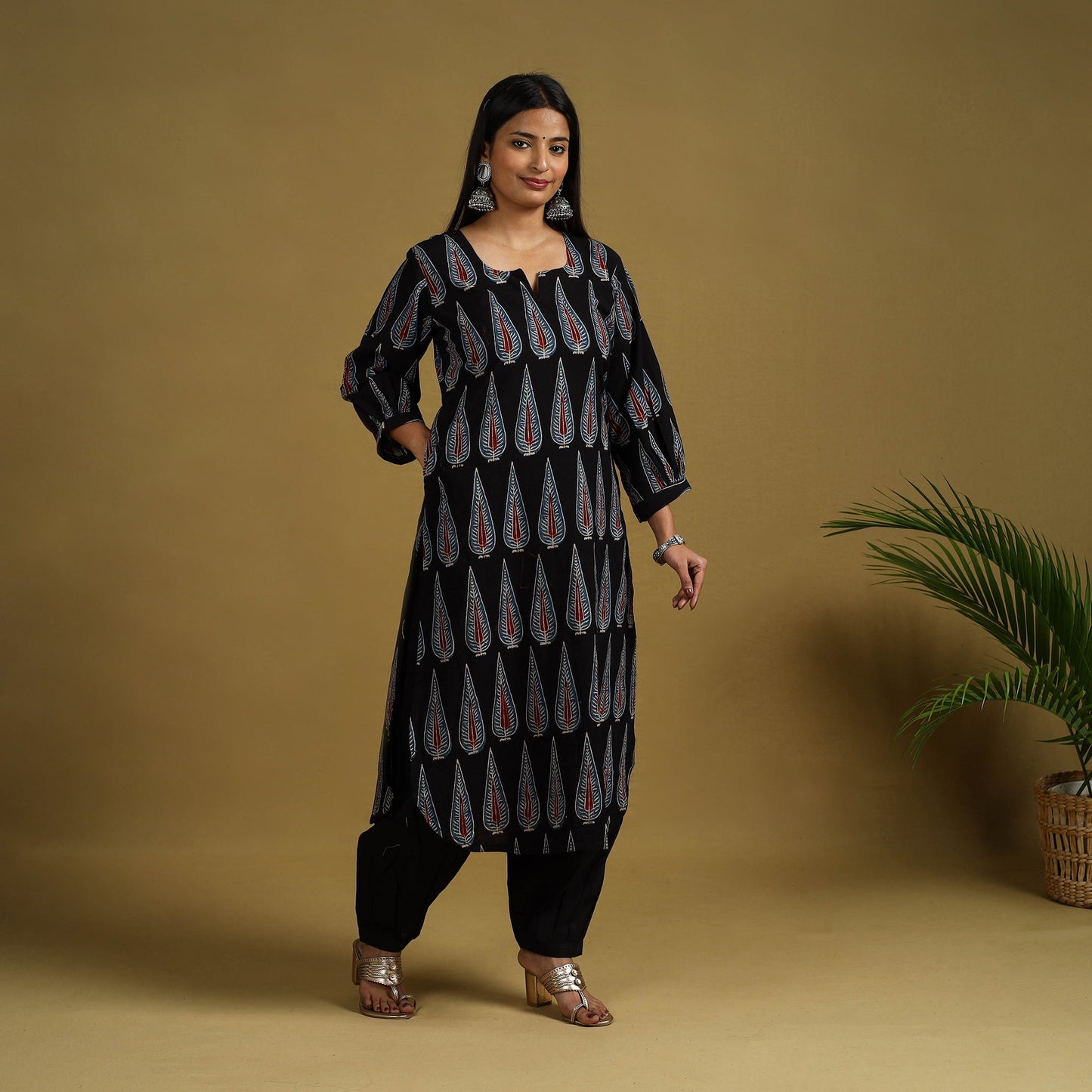 Buy Black Block Print Cotton Ajrakh Kurta Set with Dupatta