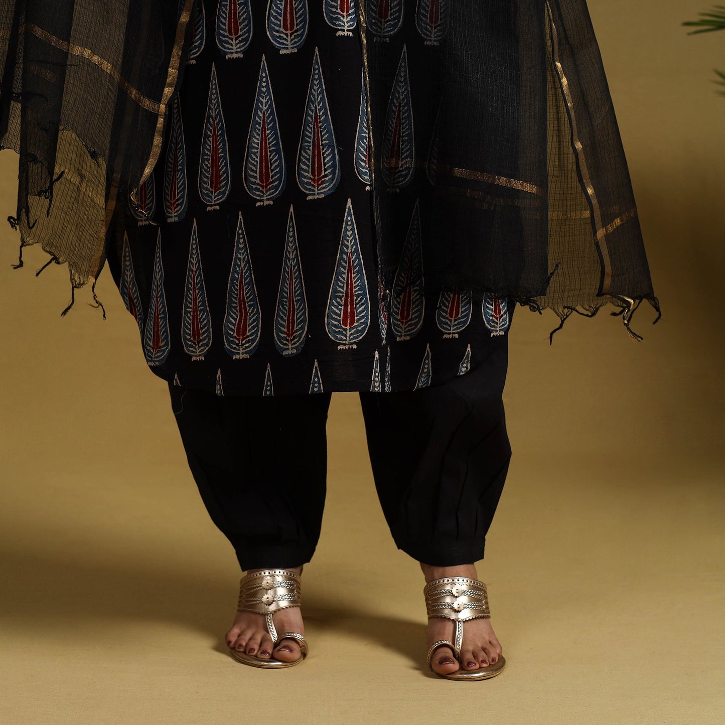 Buy Black Block Print Cotton Ajrakh Kurta Set with Dupatta