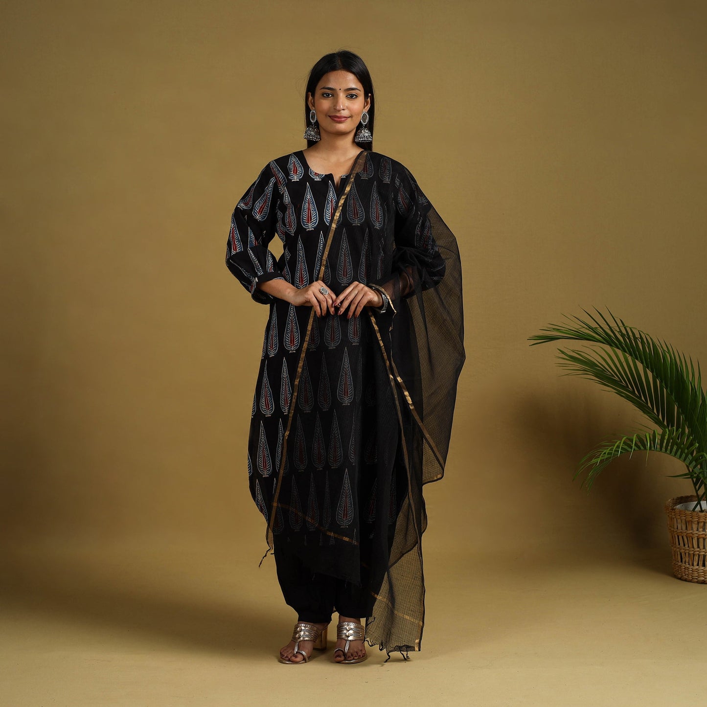 Buy Black Block Print Cotton Ajrakh Kurta Set with Dupatta