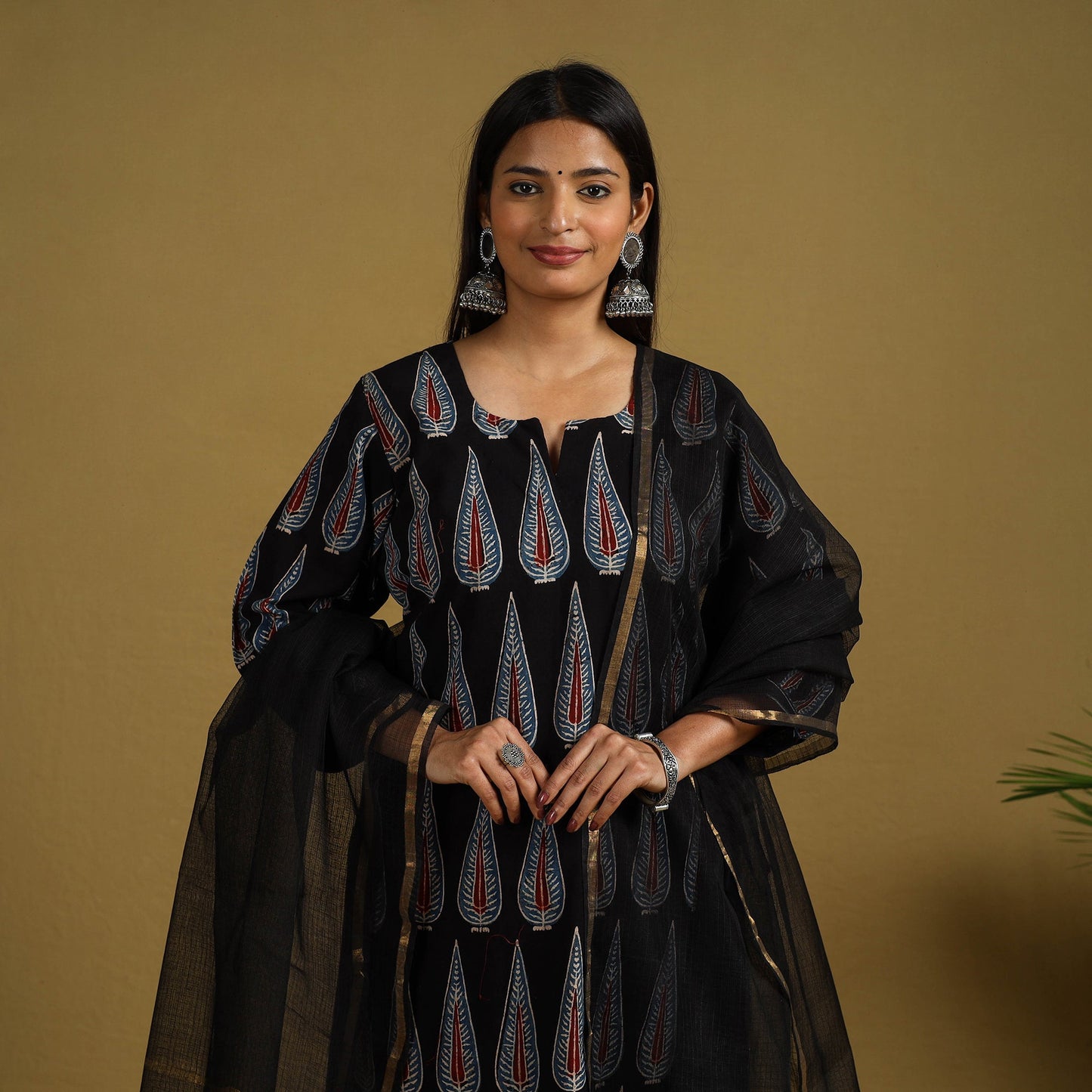 Buy Black Block Print Cotton Ajrakh Kurta Set with Dupatta
